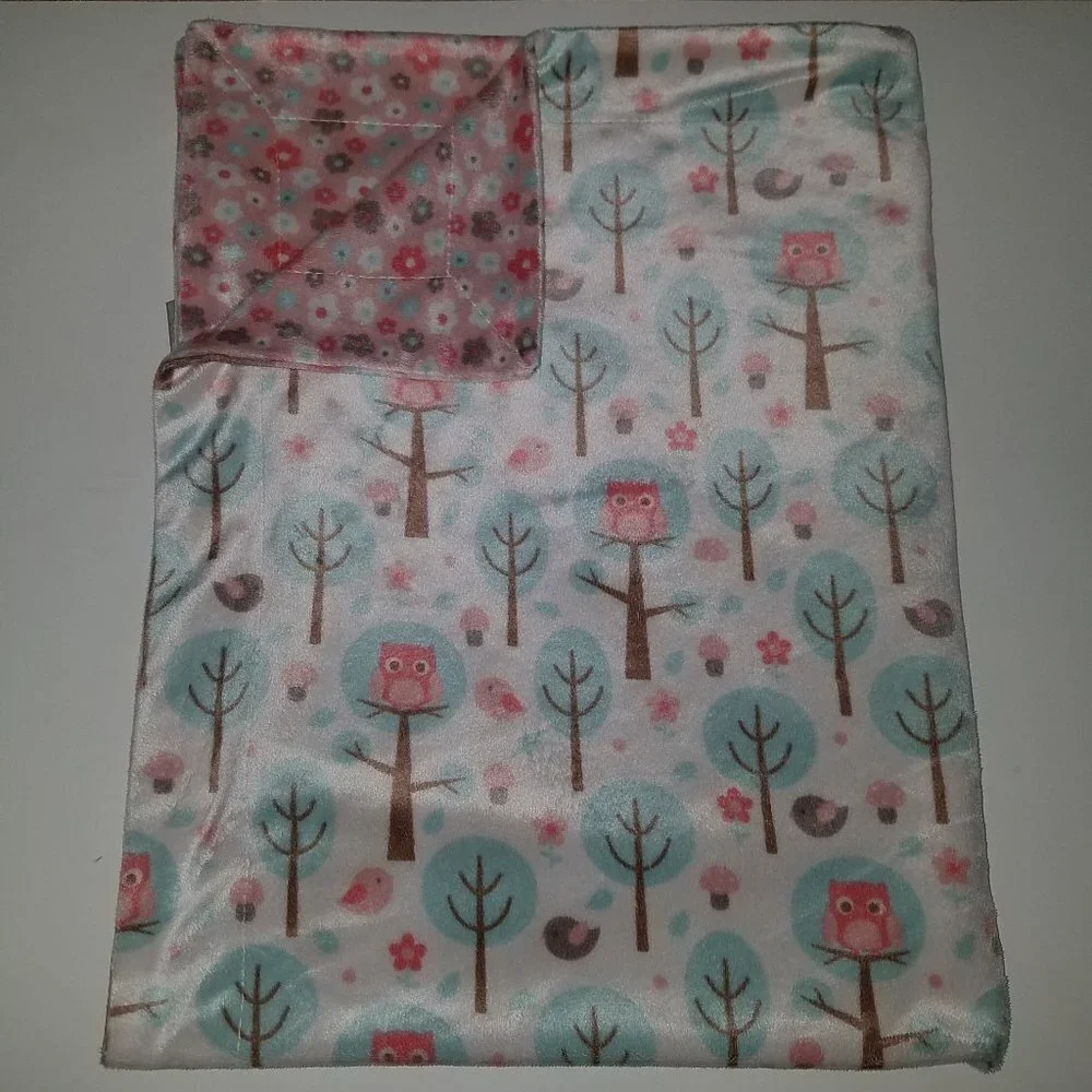 RN 119741 Pink OWLS Fleece Baby Blanket Reversible Lovey Bird Blue Trees Flowers